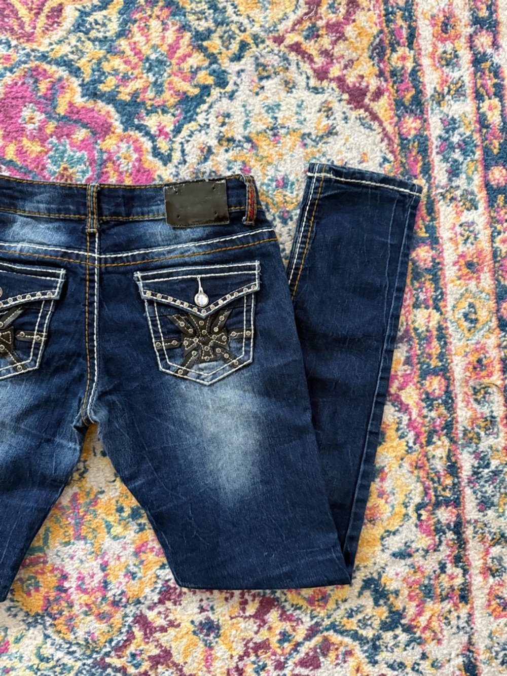 Y2K Goth Grunge Low Rise Studded Embroidered Jeans Dark Wash Slim Fit